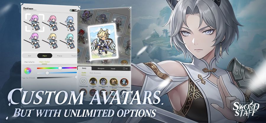 Sword x Staff avatar customization screen showing hairstyle and hair-colour sliders next to a visage card