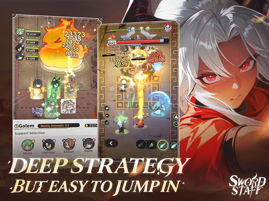Sword x Staff weekly Golem boss support selection with Moya, Hermes, Killian and Dodo, beside a tactical auto-battle